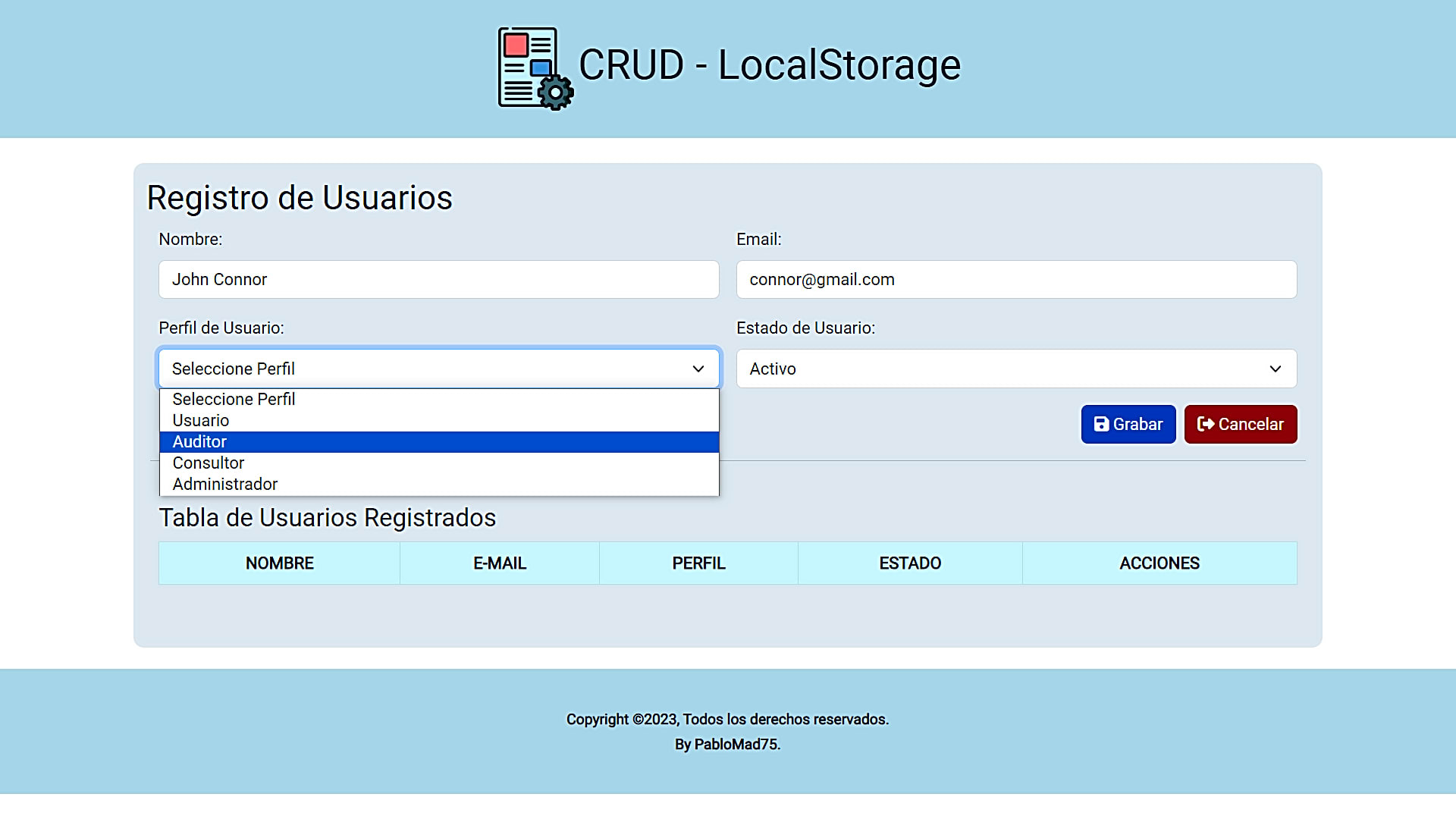 CRUD básico usando LocalStorage